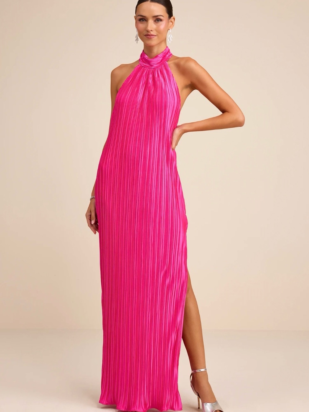 Lulu's Hot Pink Halter Pleated Maxi Dress